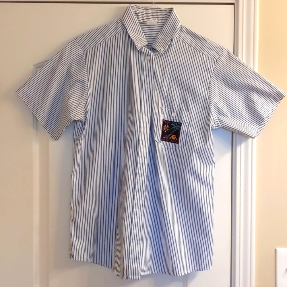 2/$10 Angelica Button down blue pinstripe SS sleeve with embroidered pocket